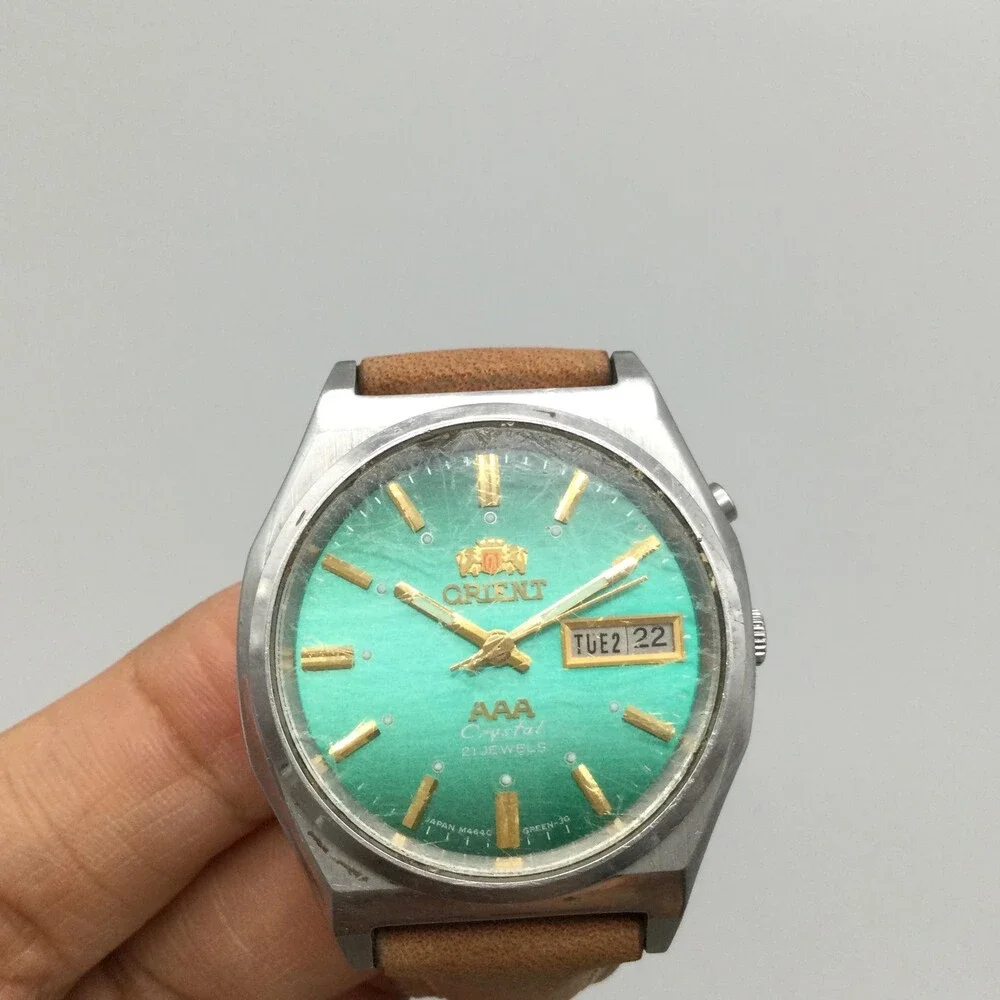 Vtg Orient AAA Crystal 21 Jewels Mens Watch 34mm Green Dial Automatic Leather